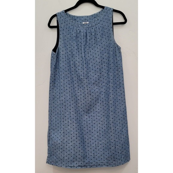 Fossil Blue Denim Jeans Shift Dress Lined Pleated Neck Sleeveless Polka Sz. S - Picture 1 of 7